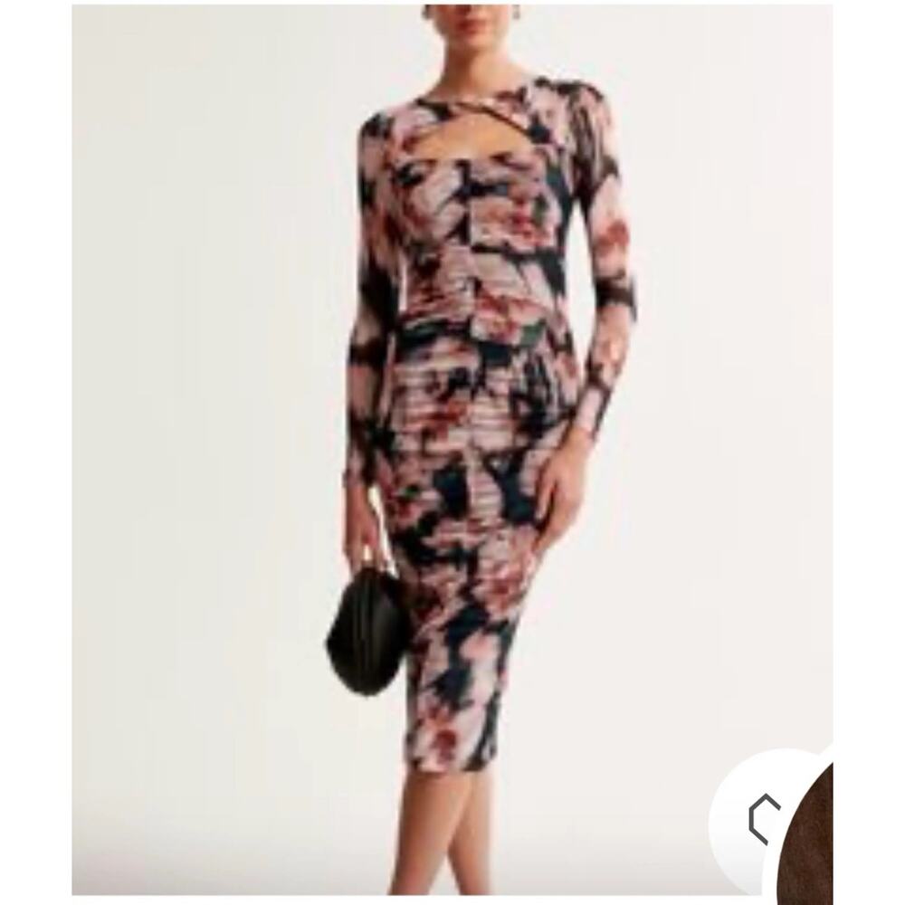 ABERCROMBIE & FITCH Sz M Dress Black Midi Bodycon Abstract Cutout Long Sleev NWT